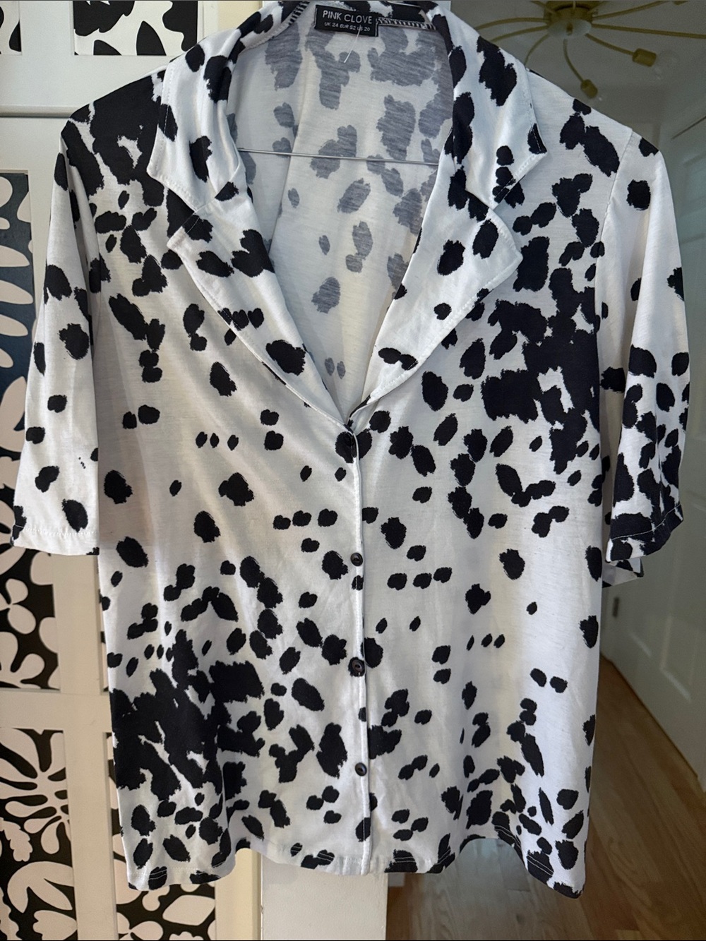 Pink Clove Black and White Spot Print Button-Down Top / dalmatian print!